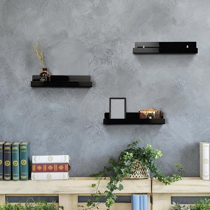 Blulu 8 Packs 14 Inch Acrylic Floating Shelf Wall Mounted Invisible Acrylic Shelf Ledge Floating Bookshelf for Living Room Office Bedroom Bathroom Kitchen Decoration Space Save (Black)