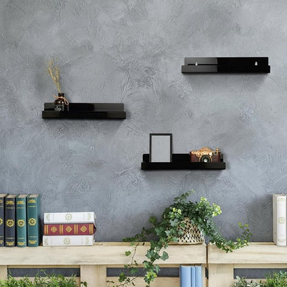 Blulu 8 Packs 14 Inch Acrylic Floating Shelf Wall Mounted Invisible Acrylic Shelf Ledge Floating Bookshelf for Living Room Office Bedroom Bathroom Kitchen Decoration Space Save (Black)
