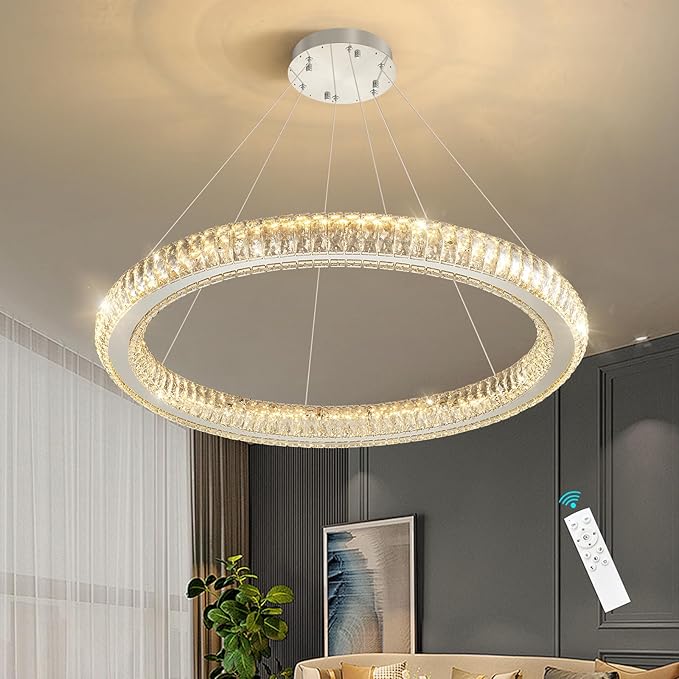 Modern Ring Chandelier LED Dimmable Living Room Chanderliers Entryway High Ceiling Crystal Ring Pendant Lights for Dining Room Bedroom Silver Interior Light