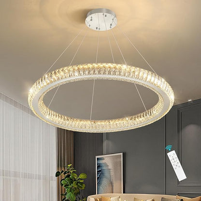 Modern Ring Chandelier LED Dimmable Living Room Chanderliers Entryway High Ceiling Crystal Ring Pendant Lights for Dining Room Bedroom Silver Interior Light