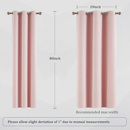 DUALIFE 80 Inch Privacy Curtains 2 Panels - Room Darkening Drapes for Girls Bedroom Thermal Insulated Grommet Curtain Panel Pair 34 x 80 Inches Long Baby Pink