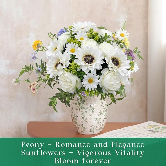 3 Pcs Fall Flowers Artificial Mums Silk Fake Mums Bouquet Faux Floral Arrangements Home Indoor Outdoor Planter Decor Party Wedding Table Autumn Decoration (White-A)