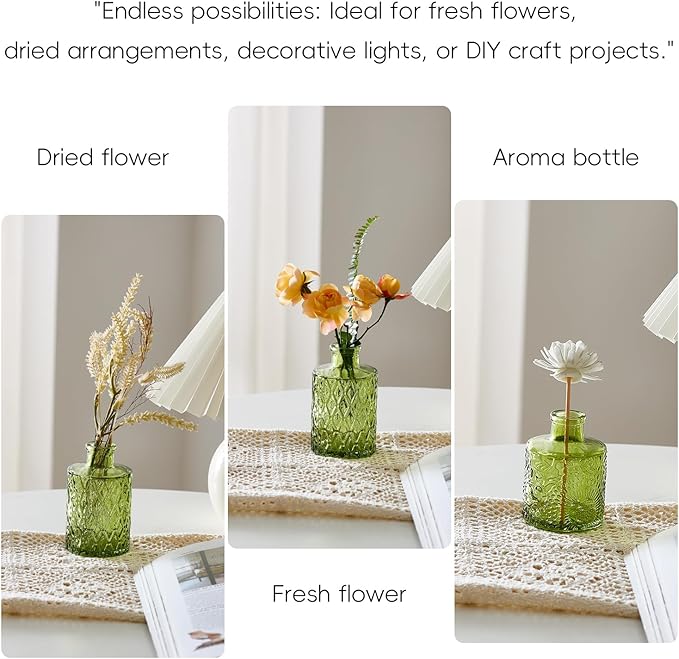 Glass Bud Vases Set of 32 - Green Assorted Small Mini Glass Vases for Flowers, Crystal Vintage Vase Set, Bulk Centerpieces for Table Décor, Wedding, Home and Events (Green, 32 Pcs)