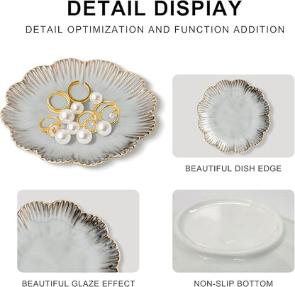 Ceramic Jewelry Dish, Decorative Tray for Rings Earrings Necklaces Bracelet Watch Keys, 4.50" Trinket Tray as Gifts for Women (Reactive Flower)