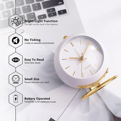 AYRELY® Battery Operated Desk Alarm Clocks with Light,Retro Silent No Ticking Analog Small Clock,Loud Table Clock for Bedside/Bedroom/Kitchen/Office/Travel/Kids/Room Decor Aesthetic Vintage(White)
