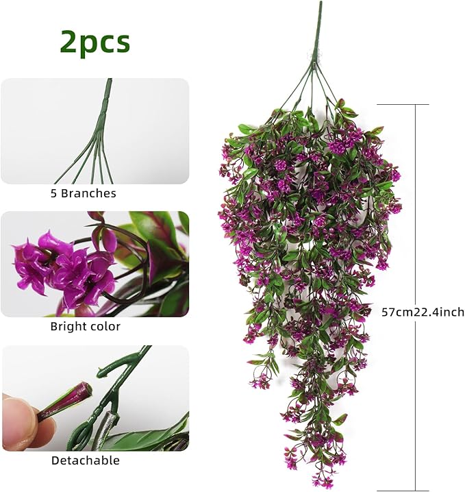 RECUTMS 2Pcs Artificial Hanging Flower Greenery Plants Faux Greenery Artificial Plants for Outdoors Hanging Basket Plastic Home Garden Wedding Party Decorations(Fuchsia)
