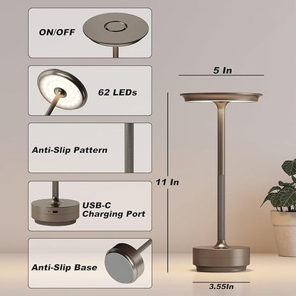 1 Pack Rechargeable Table Lamps Cordless, Portable 5000mAh Outdoor Table Light, 3 Color Stepless Dimming LED Table Lamp with Memory Function, for Home/Dinner/Patio/Restaurant.(Light Cafe)