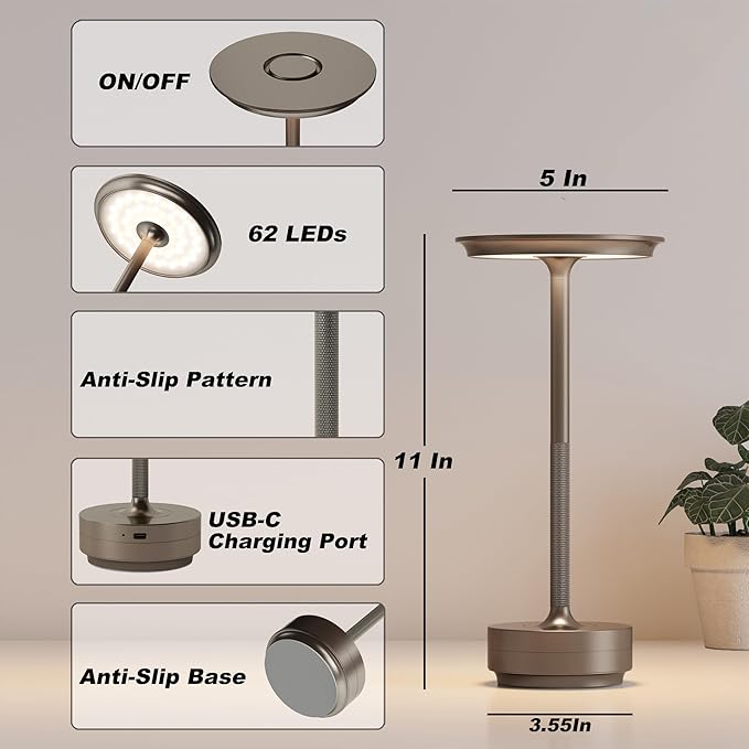 2 Pack Rechargeable Cordless Table Lamps, Portable 5000mAh Battery Table Light, 3 Color Stepless Dimming LED Table Light with Memory Function, for Outdoor/Dinner/Patio/Restaurant.(Light Cafe)