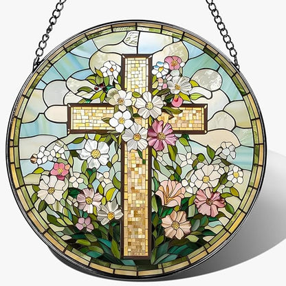 8 Inch Stained Glass Cross Suncatcher for Window Hanging, Christian Stained Glass Windows Hanging Religious Gifts for Women, Sun Catcher for Home Garden Decor, Easter, Faith,Baptism, Memorial (Cross)