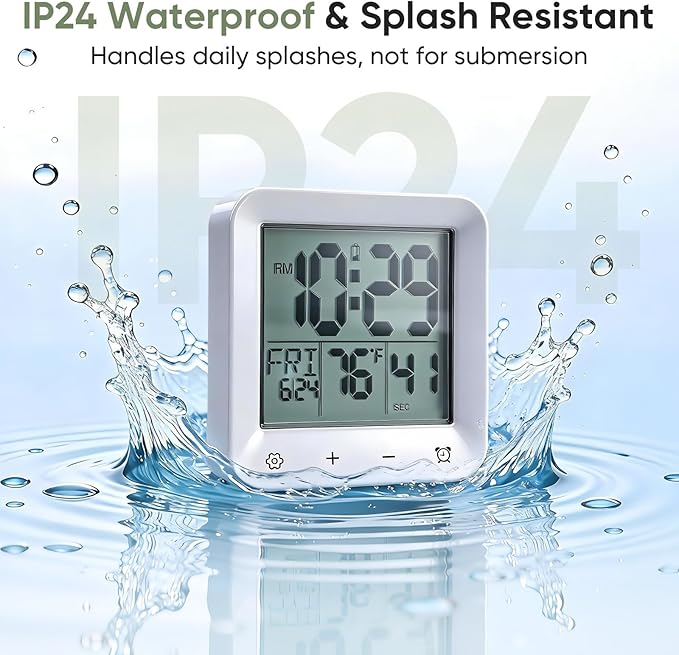 Bathroom Clock Waterproof Shower Timer, Digital Wall Clock with Countdown, Touch Screen, LCD Display, Temperature, Suction Cup/Hanging Hole/Stand, Spa Sauna, Kids and Adults I White