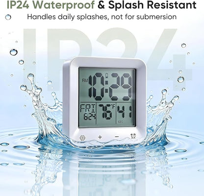 Bathroom Clock Waterproof Shower Timer, Digital Wall Clock with Countdown, Touch Screen, LCD Display, Temperature, Suction Cup/Hanging Hole/Stand, Spa Sauna, Kids and Adults I White