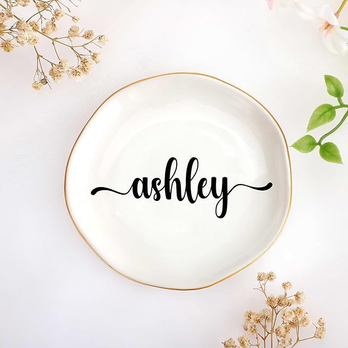 JoycuFF Ashley Personalized Name Ceramic Tray, Mothers Day Christmas Anniversary Engagement Birthday Gifts for Women Couples, Trinket Dish for Rings Earrings Necklaces Bracelets Keys