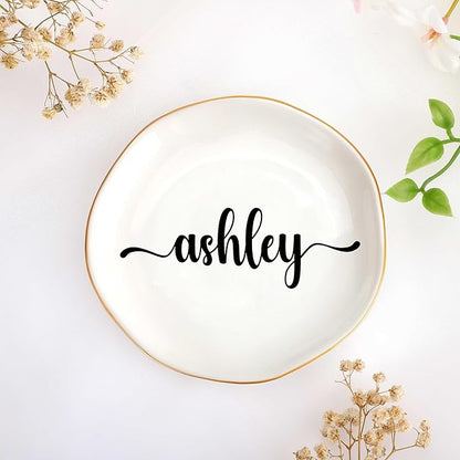 JoycuFF Ashley Personalized Name Ceramic Tray, Mothers Day Christmas Anniversary Engagement Birthday Gifts for Women Couples, Trinket Dish for Rings Earrings Necklaces Bracelets Keys