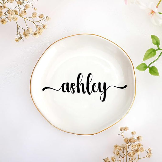 JoycuFF Ashley Personalized Name Ceramic Tray, Mothers Day Christmas Anniversary Engagement Birthday Gifts for Women Couples, Trinket Dish for Rings Earrings Necklaces Bracelets Keys