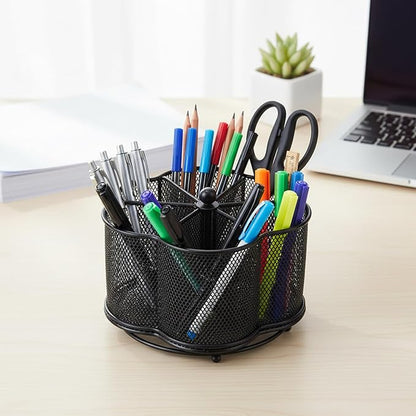 Rotating Pen Holder with 5-Compartment, Metal Mesh Pencil Organizer and Marker Holder for Desk, Crayon Organizer and Spinning Desk Organizer for Office School Supplies, Black