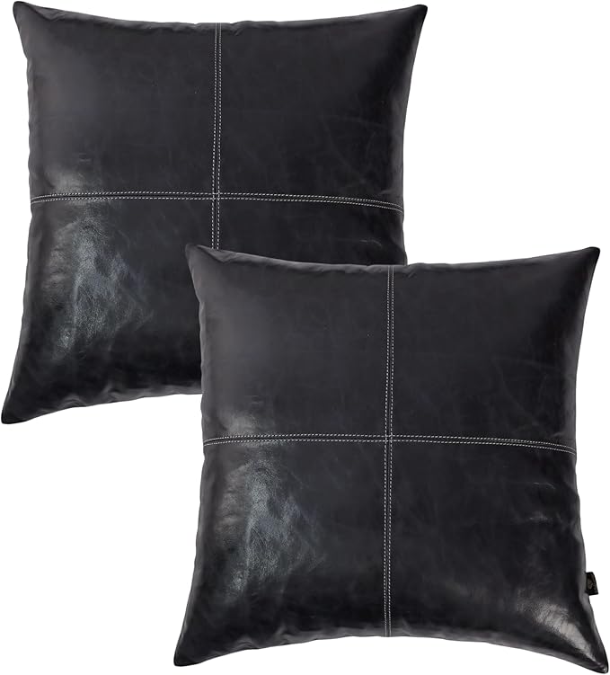 LL LEATHER LOVERS Lambskin Leather Pillow Cover - Sofa Cushion Case - Decorative Throw Covers for Living Room & Bedroom, 18x18 Inches - Ink Blue Plain Pack of 2