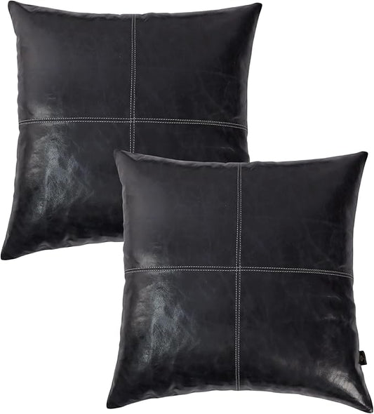 LL LEATHER LOVERS Lambskin Leather Pillow Cover - Sofa Cushion Case - Decorative Throw Covers for Living Room & Bedroom, 22x22 Inches - Ink Blue Plain Pack of 2