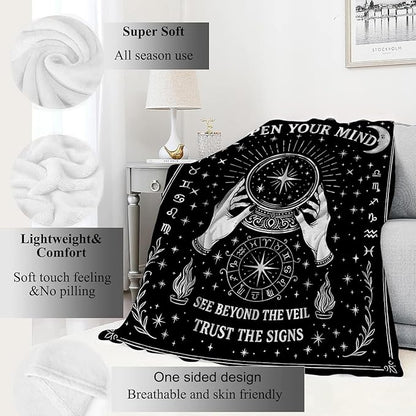 Black White Tarot Zodiac Signs Blanket Halloween Holiday Decor Occult Throw Gifts for Adults Lightweight Soft Fleece Divination Crystal Ball Blankets for Sofa Couch Witchy Decoration 40x50in