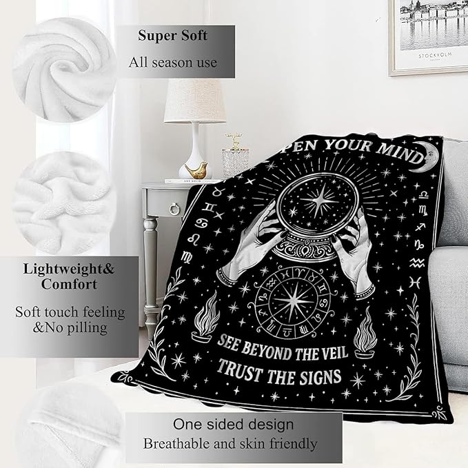 Black White Tarot Zodiac Signs Blanket Halloween Holiday Decor Occult Throw Gifts for Adults Lightweight Soft Fleece Divination Crystal Ball Blankets for Sofa Couch Witchy Decoration 50x60in
