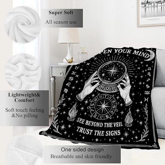 Black White Tarot Zodiac Signs Blanket Halloween Holiday Decor Occult Throw Gifts for Adults Lightweight Soft Fleece Divination Crystal Ball Blankets for Sofa Couch Witchy Decoration 50x60in
