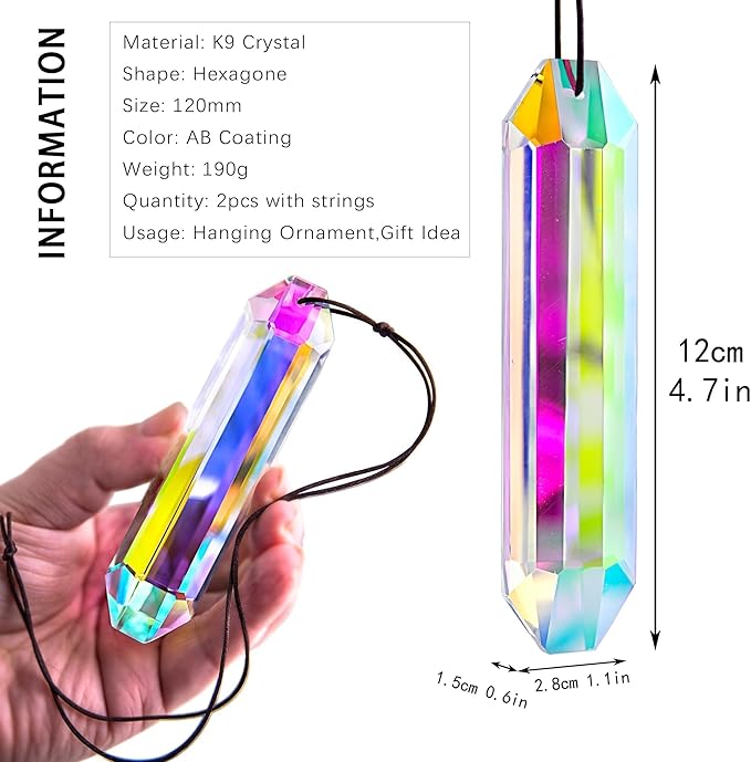 HDCRYSTALGIFTS 2PCS 5" Large Crystal Sun Catcher Prisms for Windows, AB Colored Hexagone Hanging Crystal Suncatchers, Rainbow Glass Ornaments for Christmas Tree,Home,Garden