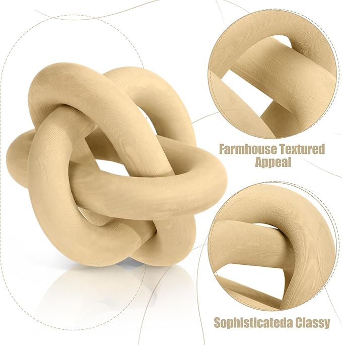 3 Pack Wooden Knot Decorations 3 Color Set Coordinated Boho Nautical Home Decor for Shelf, Wall, Tabletop, Sizes 3.94", 4.72", 5.91"(Multi Light Color)