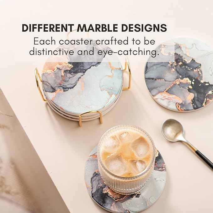 Ceramic Absorbent Coasters Set of 6 with Holder, Marble Drink Coasters for Coffee Table, Water Absorbing Coaster (Twinkle)