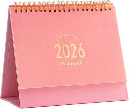 Small Desk Calendar 2025-2026, Standing Flip Desk Calendar Use Now to Dec 2026, with To-do List & Notes, Metal Ring Twin-Wire Binding with Stickers, Monthly Desktop Calendar for Home Office (Pink)