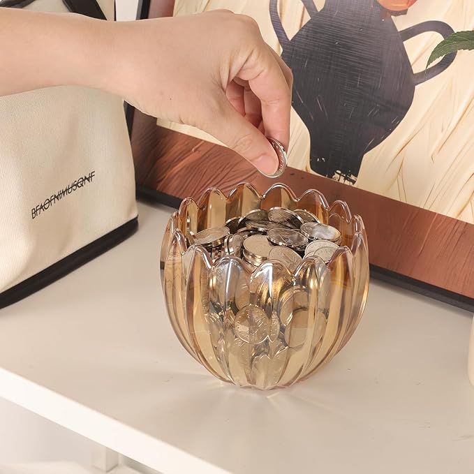 Tulip Storage Container, Jewelry Catchall Bowl, Ring Holder Jewlery Tray Trinket Dish, 5" Dia. * 4.25" H, Amber Glass, Thick and Exquisite, 2 Pack