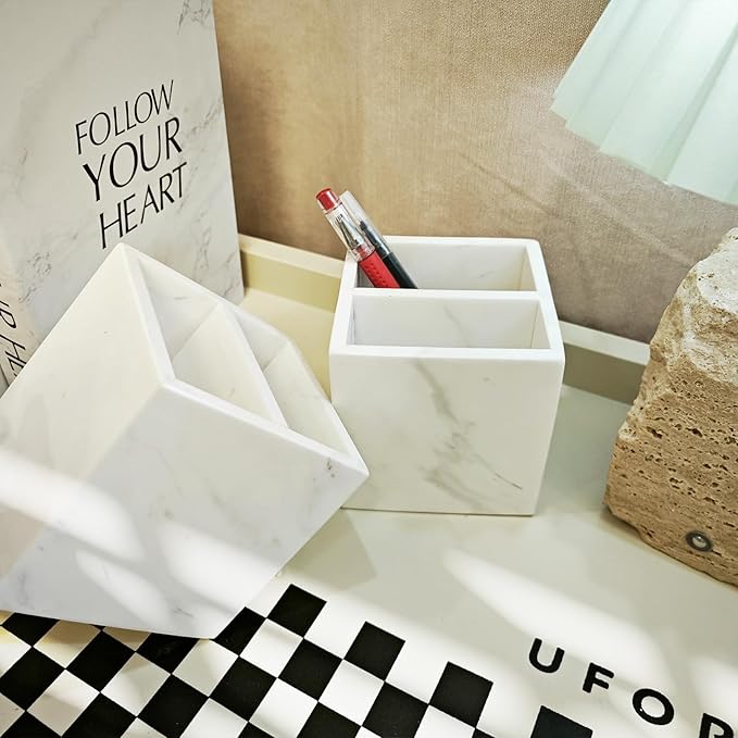 Marble Pen Holder, White Stone, Rectangular Desktop Organizer for Office Study (white 2 layer)