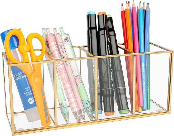 Pencil Holder for Desk,Tempered Glass Pen Holder,3&4 Compartments,Desktop Storage Organizer for Office Supplies,School Supplies,Pens,Markers,Pencils,Scissors,Paperclips (Gold, 4 compartments)