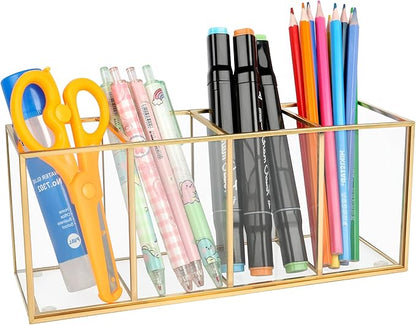 Pencil Holder for Desk,Tempered Glass Pen Holder,3&4 Compartments,Desktop Storage Organizer for Office Supplies,School Supplies,Pens,Markers,Pencils,Scissors,Paperclips (Gold, 4 compartments)