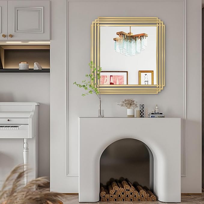 Gold Square Mirrors, 24"x24" Geometric Art Deco Mirror with Metal Frame, Bathroom Vanity Mirrors for Over Sink, Modern Elegant Wall Mirrors for Living Room Bedroom Entryway Fireplace