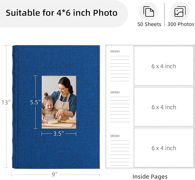 Vienrose Photo Album 4x6 300 Photos Linen Frame Cover with Memo Areas Photobook Large Capacity Slip-in Pictures Book for Wedding Baby Vacation, Blue
