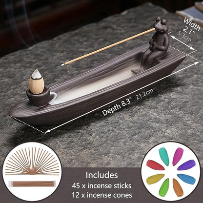 ChangWanna Frog Incense Holder Waterfall - Ceramic Cone Backflow Incense Burner Smoke Fountain, Back Flowing Incense Diffuser with 45 Sticks & 12 Cones, Frog Ornament for Aromatherapy/Yoga/Home Decor