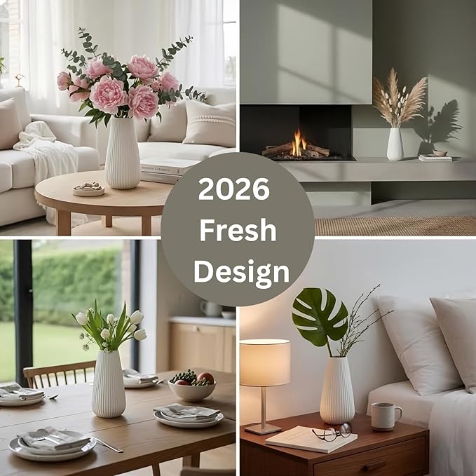 Luxury White Ceramic Vase, Modern Ribbed Fluted Design, Flower Vase for Home Decor, Cute Vase for Pampas Grass, Living Room, Dining Table, Farmhouse, Office, Bedroom, Kitchen Shelf