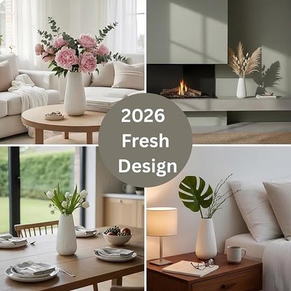 Luxury White Ceramic Vase, Modern Ribbed Fluted Design, Flower Vase for Home Decor, Cute Vase for Pampas Grass, Living Room, Dining Table, Farmhouse, Office, Bedroom, Kitchen Shelf