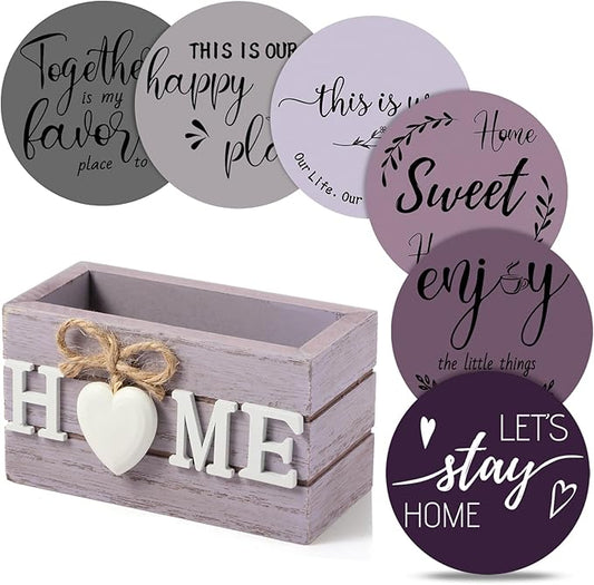 Queekay Coasters Set of 6 House Warming Gifts New Home Wooden Farmhouse Drink Coasters with Holder 4'' Funny Decoration for Kitchen Family Coffee Bar Tabletop Protection(Purple)