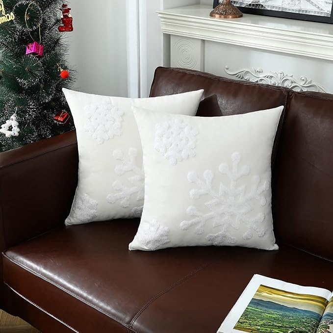 mixeoo Ivory White Winter Decorative Throw Pillow Covers Snowflake Embroidered Soft Thick Durable Square Solid Cushion Cases for Sofa, Pack of 2, 18 x 18 Inch