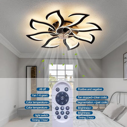 HuixuTe 32" Black 8-head Geometric Ceiling Fan with Lights Remote Control, Low Profile Ceiling Fan with Light for Kitchen Bedroom Living Room