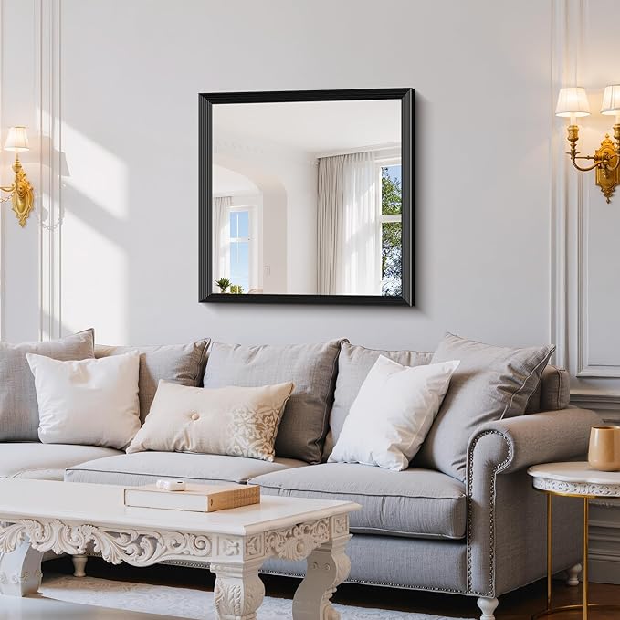 Black Bathroom Mirror 30 x 30 Inch Rectangle Wave Beveled Frame for Wall Bathroom Vanity Mirror for Over Sink, Tempered Glass,for Entryway Hangs, Bathroom Living Room Horizontal or Vertical