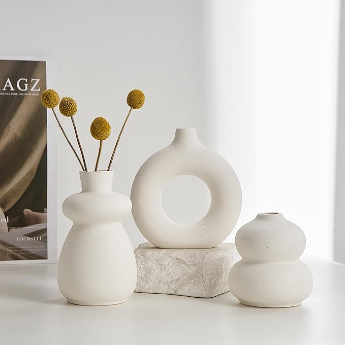 White Ceramic Vase Set of 3 Small Flower Vases for Home Decor, Modern BohoVase for Pampas Grass, Round Decorative Vases Table Centerpieces for Wedding Living Room Shelf Coffee Table (White Vase - A)
