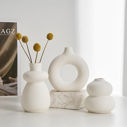 White Ceramic Vase Set of 3 Small Flower Vases for Home Decor, Modern BohoVase for Pampas Grass, Round Decorative Vases Table Centerpieces for Wedding Living Room Shelf Coffee Table (White Vase - A)