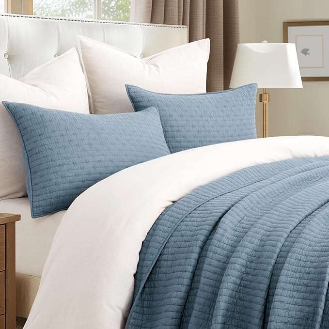 EVERGRACE x Kinsey Walsh Cross Stitch Pre-Washed Cotton Quilt Bedding Set Queen Size, Oversized 3 Pieces Lightweight Bedspread Coverlet for All Season, with 2 Matching Shams, Dusty Blue, 92"x96"