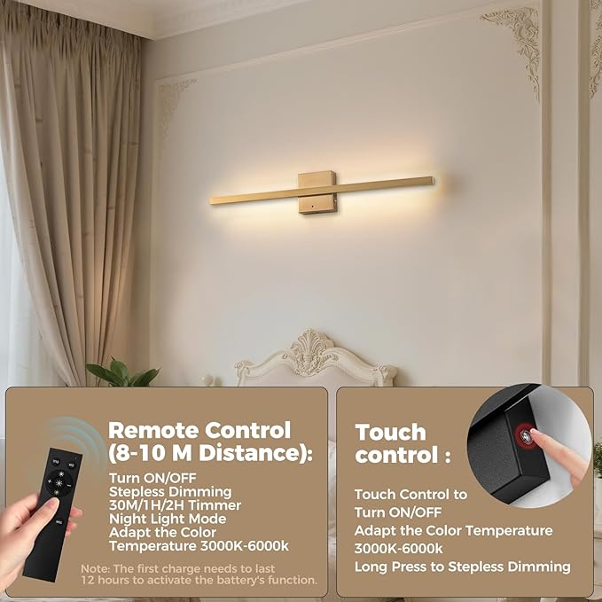 Gold Battery Operated Wall Sconces Set of Two Wireless，Modern Rechargeable Wall Lights Set of 2 with 10000mAh，Dimmable Led Wall Lamps for Living Room Bathroom Bedroom Hallway Headboard Indoor