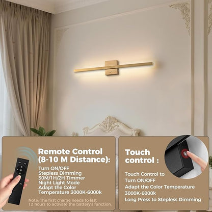 Gold Battery Operated Wall Sconces Set of Two Wireless，Modern Rechargeable Wall Lights Set of 2 with 10000mAh，Dimmable Led Wall Lamps for Living Room Bathroom Bedroom Hallway Headboard Indoor