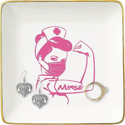 Topthink Funny Nurse Gift-Birthday,Graduation,Christmas,Nurse Life Theme,Registered Nurse Appreciation Gifts-RN,Nursing Student Presents- Ceramic Jewelry Holder Ring Dish Trinket Tray