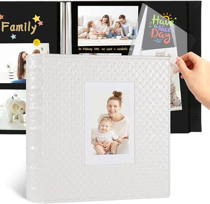 RECUTMS Photo Album Scrapbook 4x6 5x7 8x10 Photos of Any Size 60 Pages Black Inner Button Grain Leather Scrap Photo Book Baby Family Anniversary self adhesive Handmake Picture Book（White）
