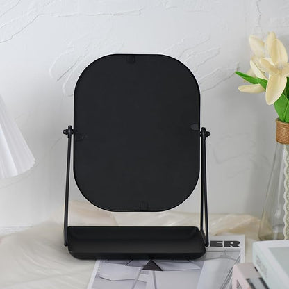 360 Degrees Rotating Metal Makeup Mirror with Storage, Vanity Mirror for Desk, Bathroom, Bedroom, Dressing Table (Black)