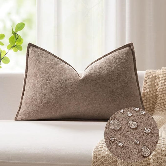 Kevin Textile 14x24 Inch Lumbar Pillow Cover 1 Pack Soft Boucle Textured Decorative Waterproof Rectangle Cushion Elegant Accent Pillow for Couch Sofa Chair Bed Home Decor Indoor Outdoor Taupe